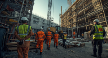 Civil engineers in safety gear reviewing construction site safety protocols